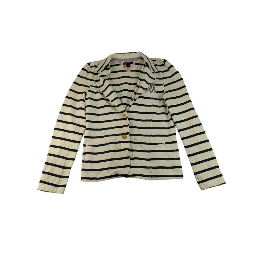 Tommy Hilfiger Womens Jacket Blazer SZ L White Black Crest Long Sleeve 2 Button